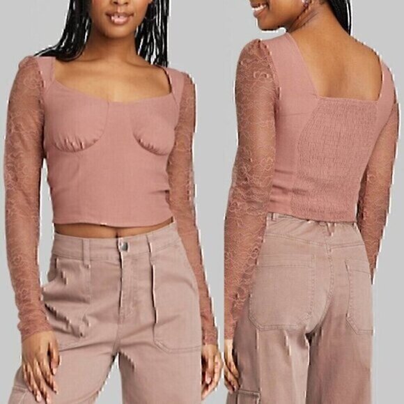 WILD FABLE Long Sleeve Lace Bustier Top Mauve Pink Brown Y2K 90s Cropped Crop M - Picture 1 of 13